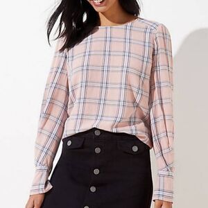 Loft Women's Pink Plaid Rayon Long Sleeve Pleated Cuff Blouse